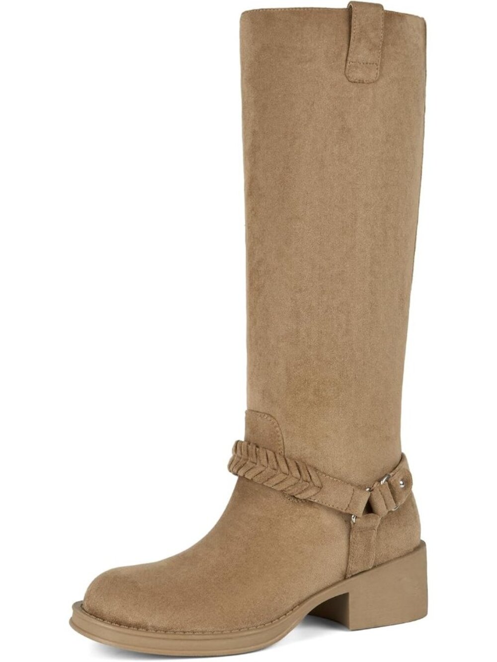 Women's Nude Comfortable Chunky Block Braided Strap Low Heel Knee High Boots